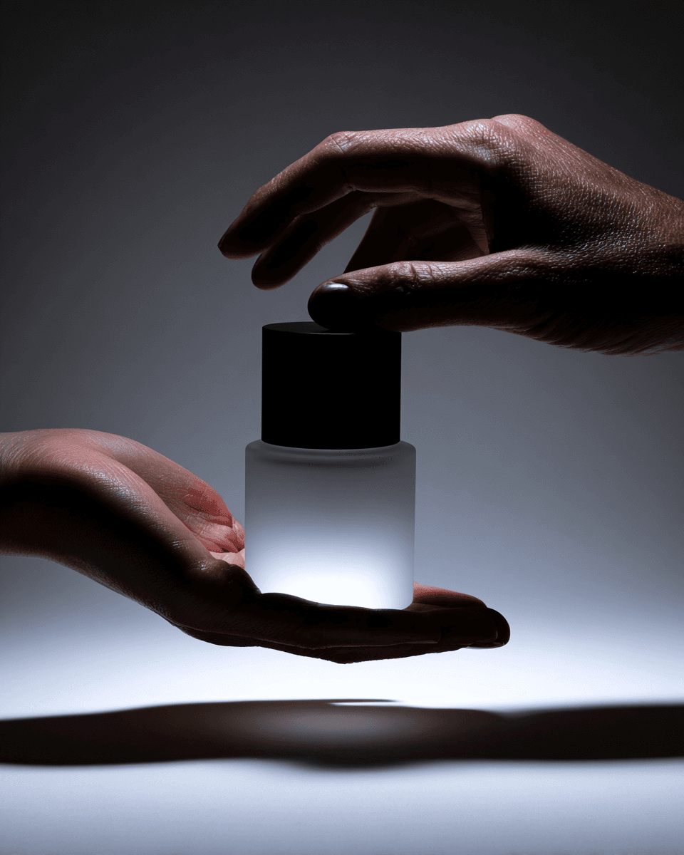 Minimal product shot of hands holding a small frosted bottle with a black cap, glowing softly against a dark background.