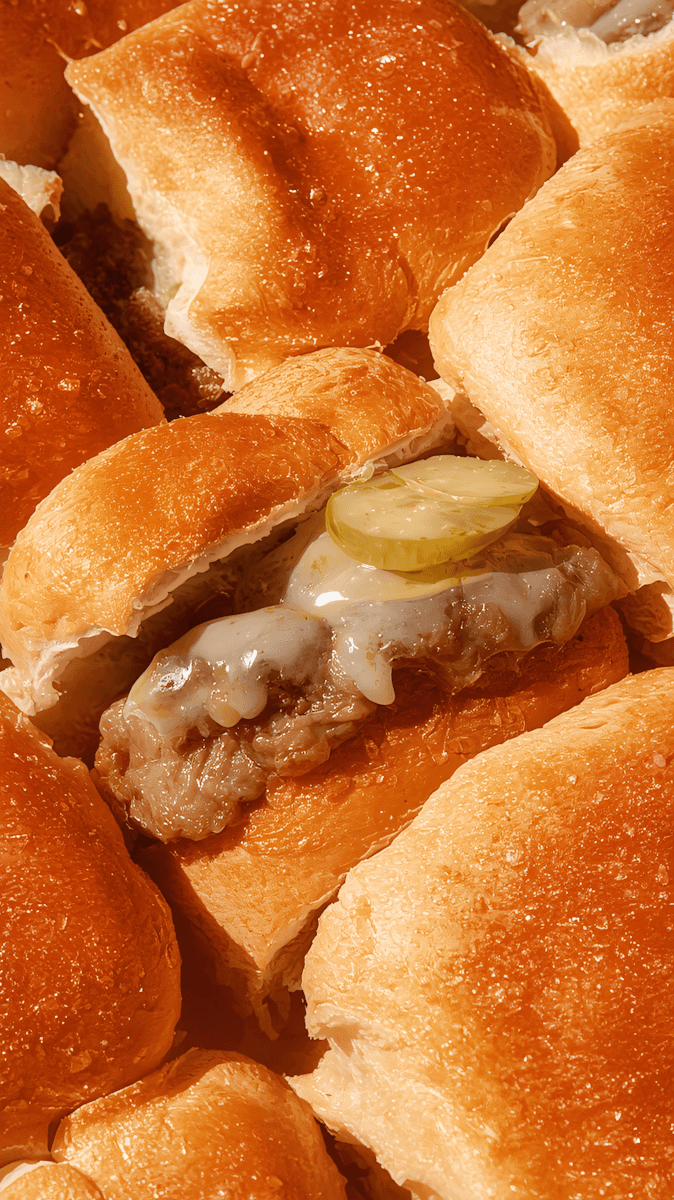 Close-up food photograph of golden slider buns filled with crispy fried chicken, melted sauce, and pickle slices.
