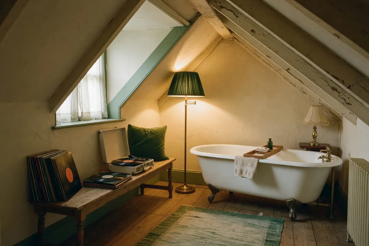 An Attic Suite under the eaves with a freestanding bath and record player