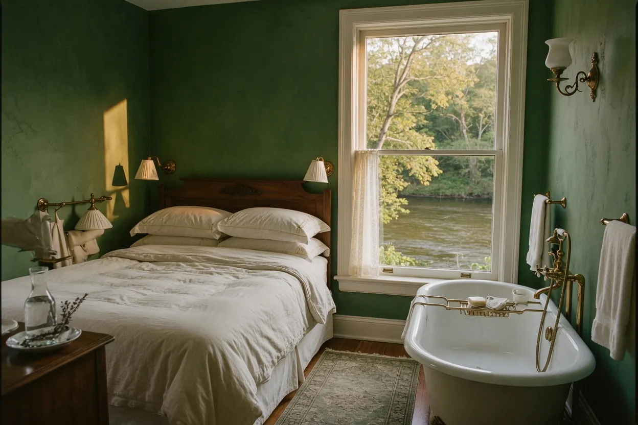 A River Room with a deep soaking tub beside the river window