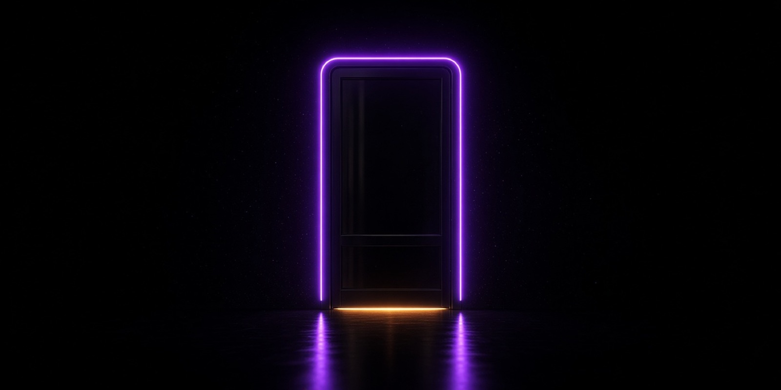A neon outlined closed storefront door with a thin slit of amber light leaking underneath