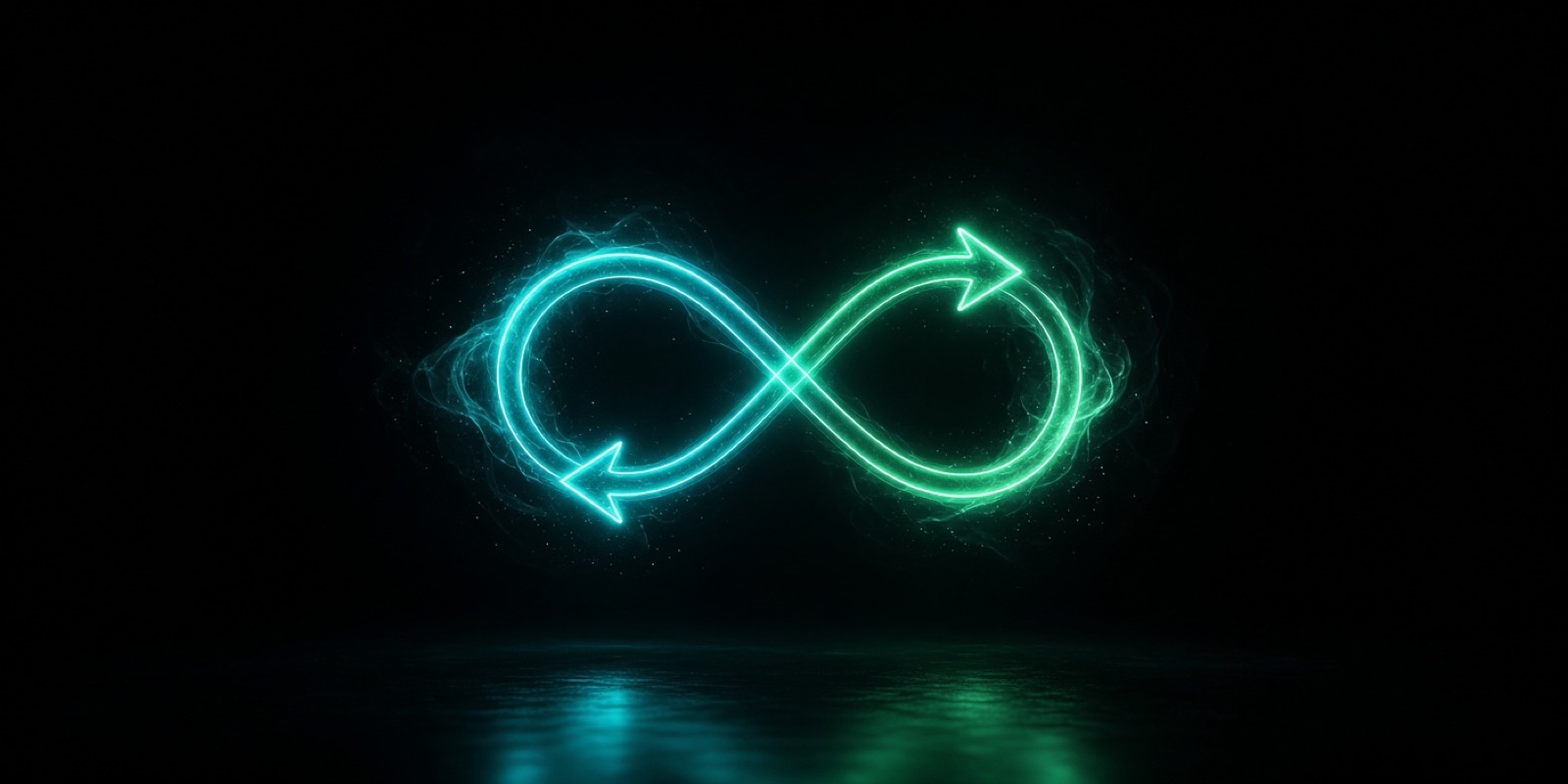 A neon infinity loop of two chasing arrows glowing mint green and cyan