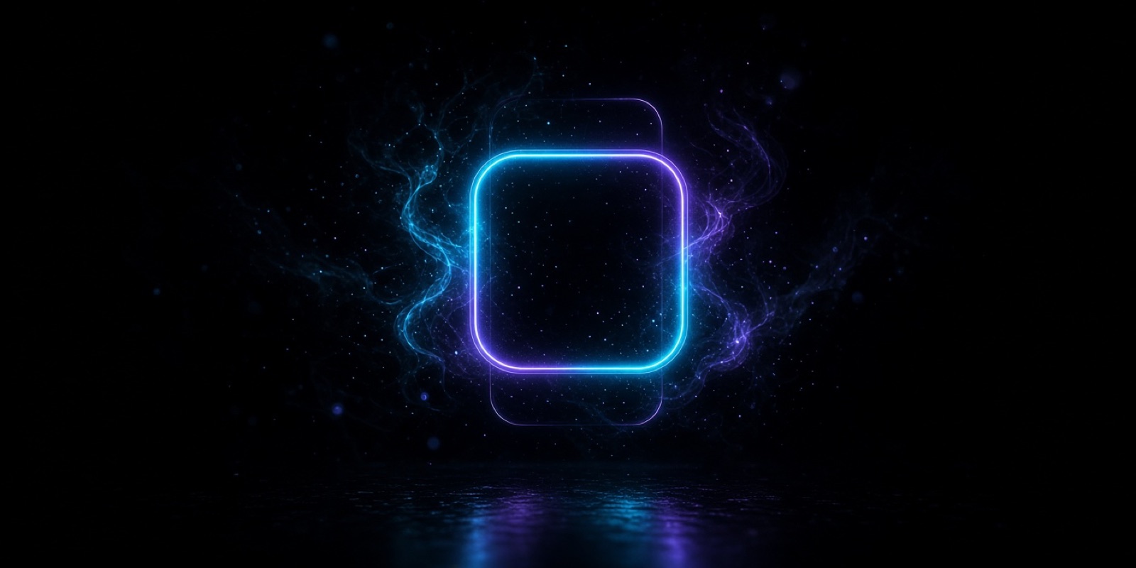 A single glowing neon app icon tile floating in the dark, cyan fading to violet