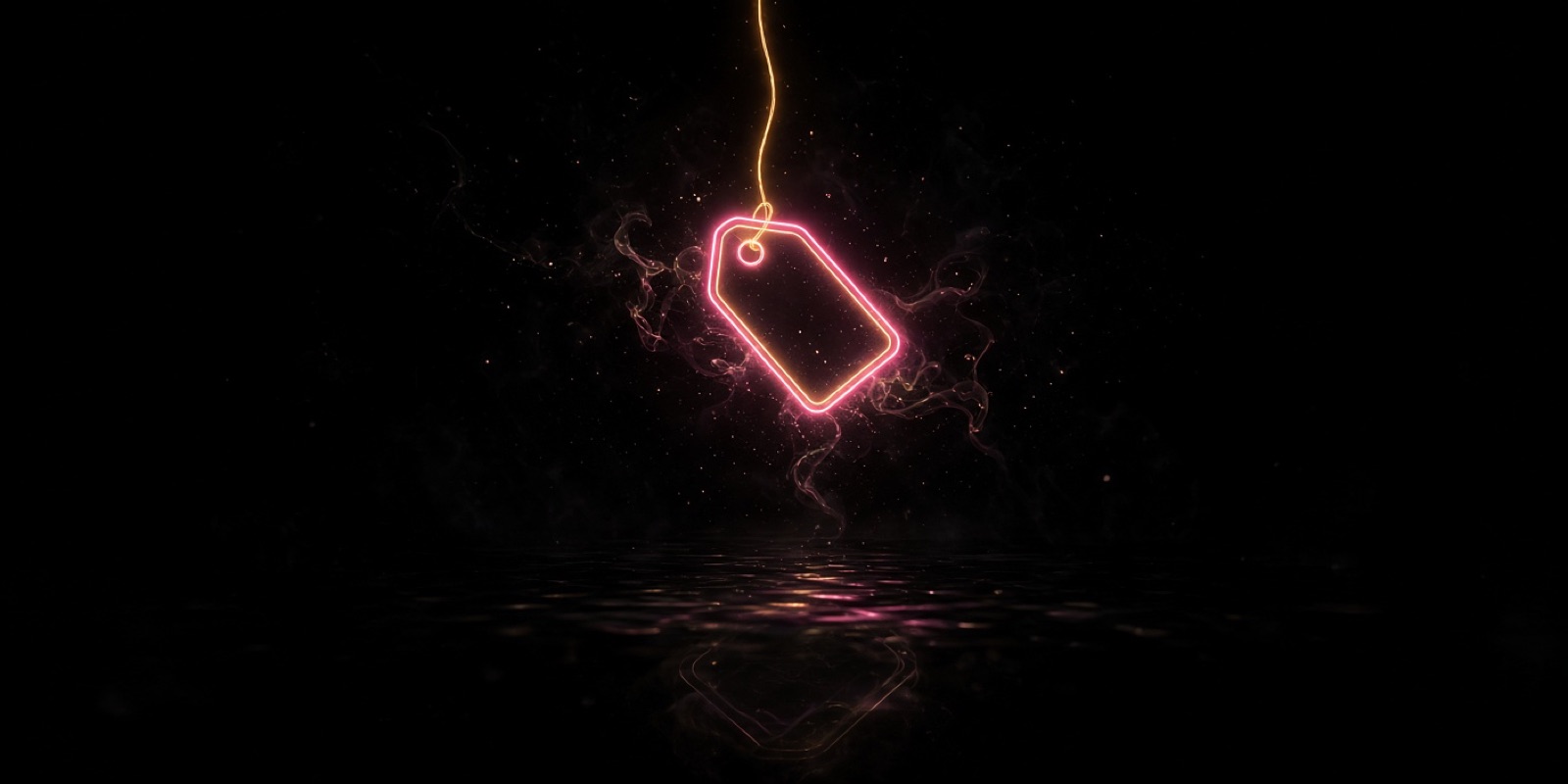A small neon price tag glowing pink above a much larger shape hidden in the dark below it
