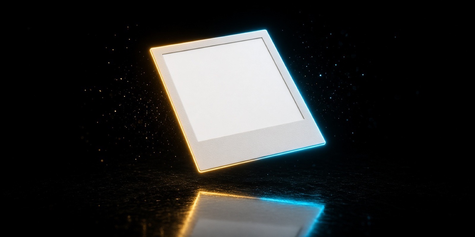 A hovering empty Polaroid frame outlined in gold and cyan neon