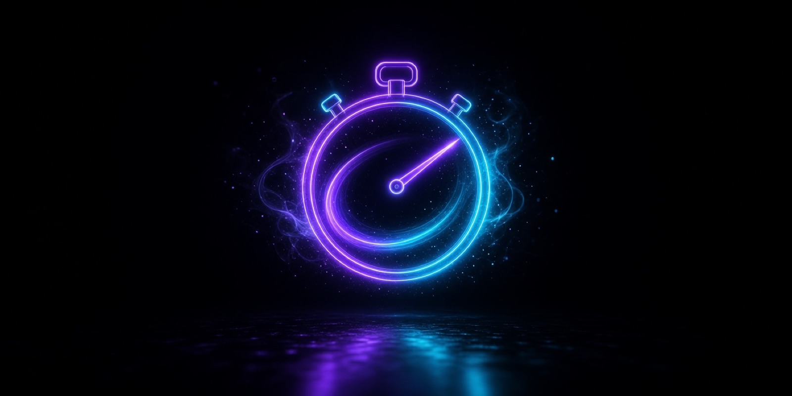 A neon stopwatch with its hand sweeping a violet and cyan arc of light