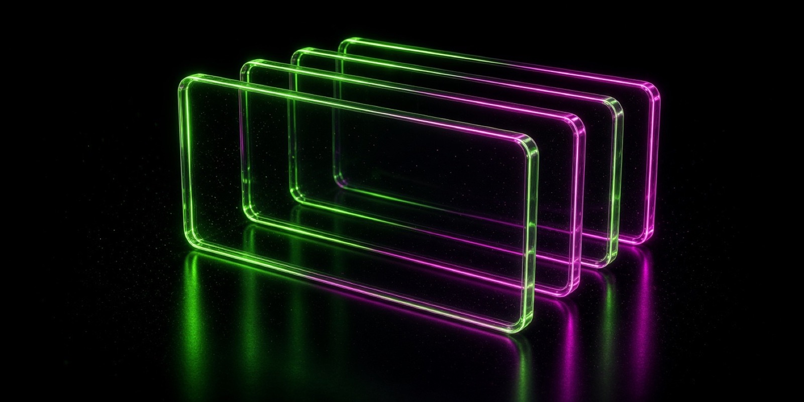 Three identical glowing glass panes stacked slightly off centre in lime and magenta neon