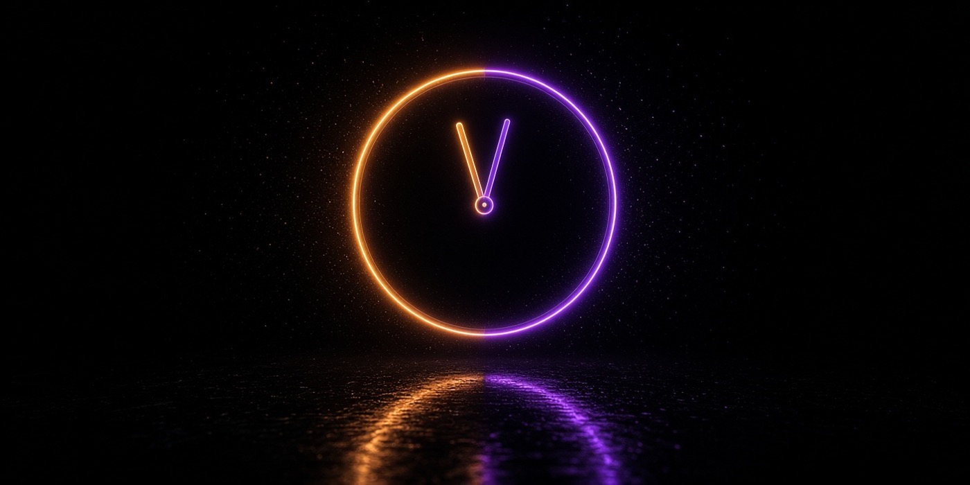 A neon analog clock face with no numerals, hands near midnight, amber and violet glow