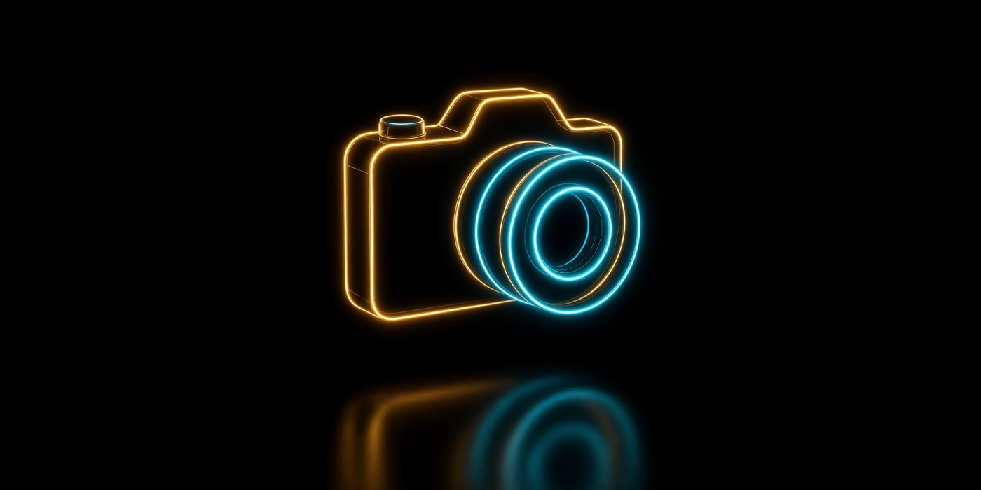 A neon outlined camera with the shutter open as a ring of gold and cyan light