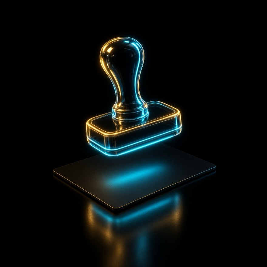 A neon rubber stamp hovering above a blank card in gold and cyan light