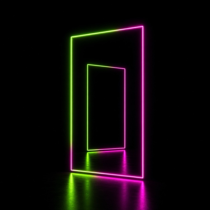 A neon rectangular mirror reflecting a fainter copy of itself