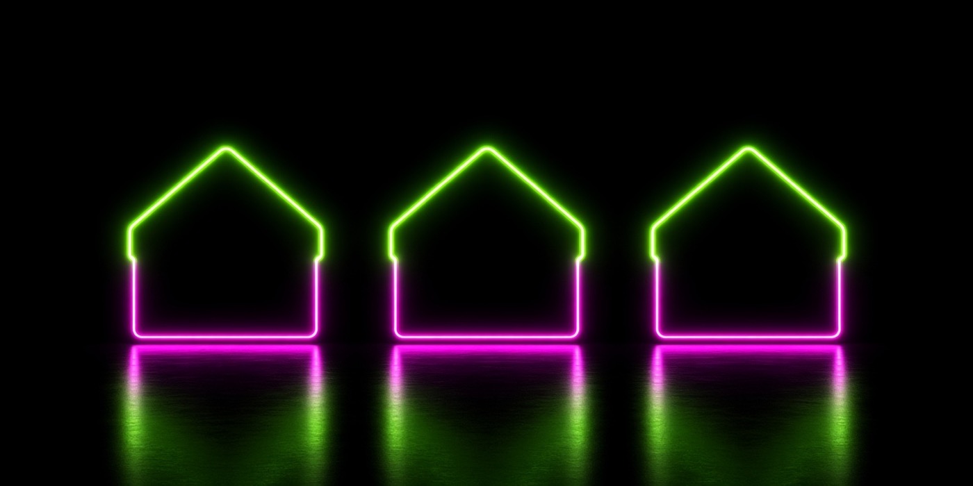 Three identical neon house silhouettes in a row, the middle one slightly brighter