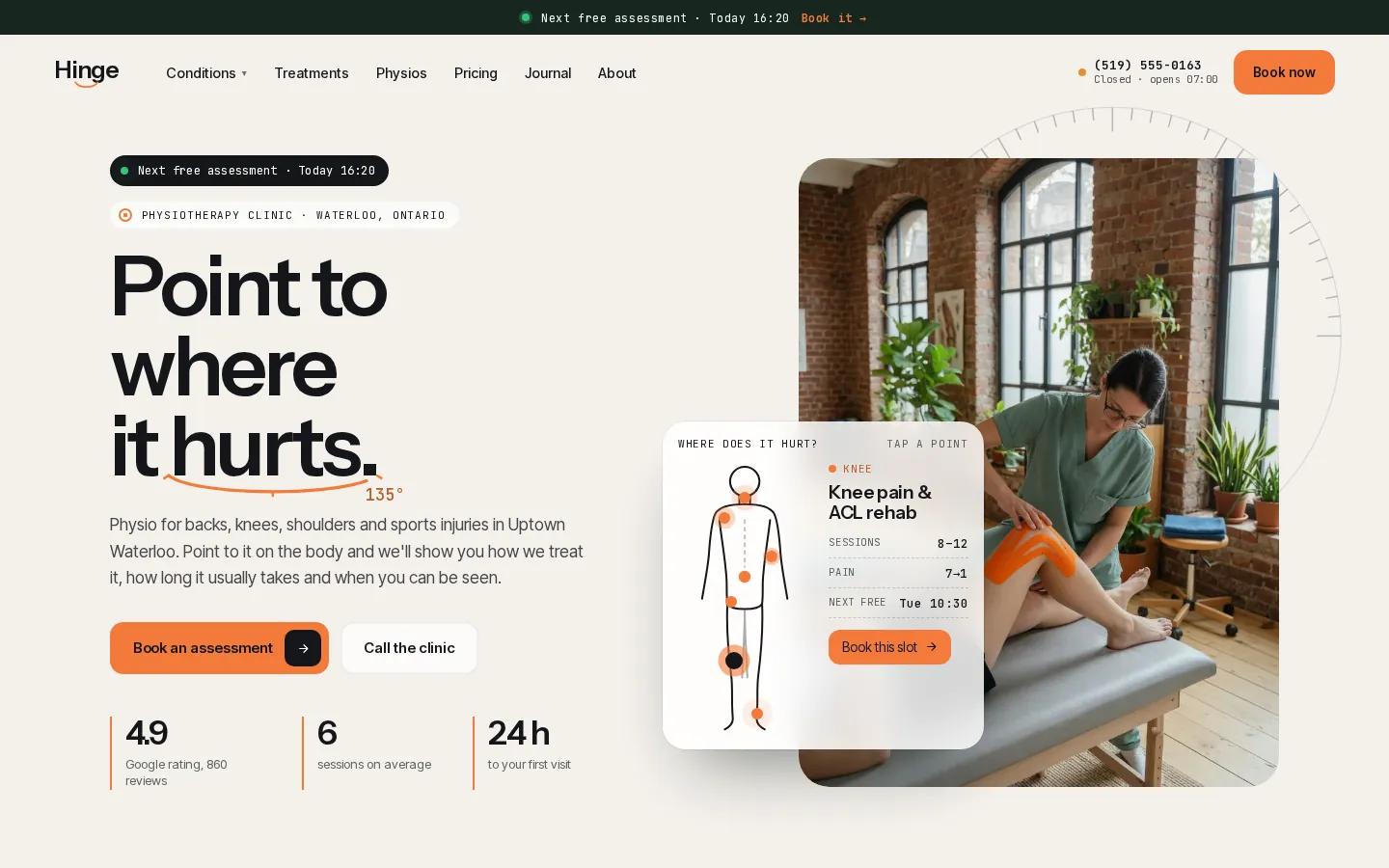 The rebuilt Hinge Physiotherapy homepage with a body map that shows where it hurts.