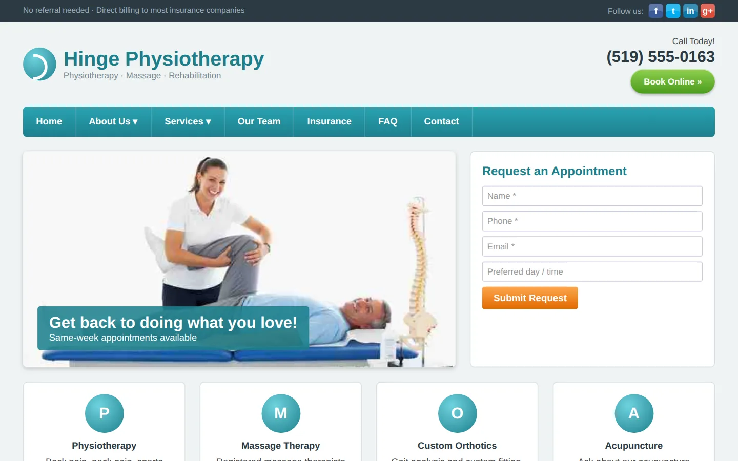 A dated clinic website with a teal banner and a list of hours.