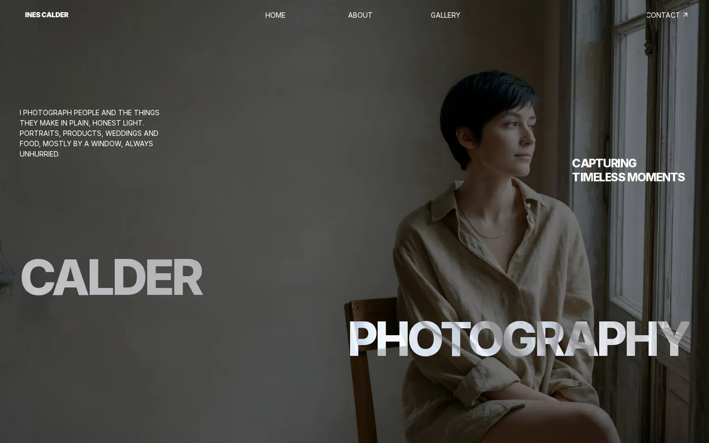 The rebuilt Ines Calder homepage: a full-bleed natural-light portrait.