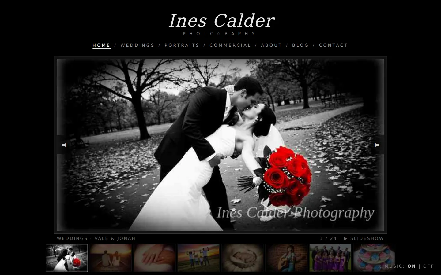 A dated photography website with a black background and small grey text.