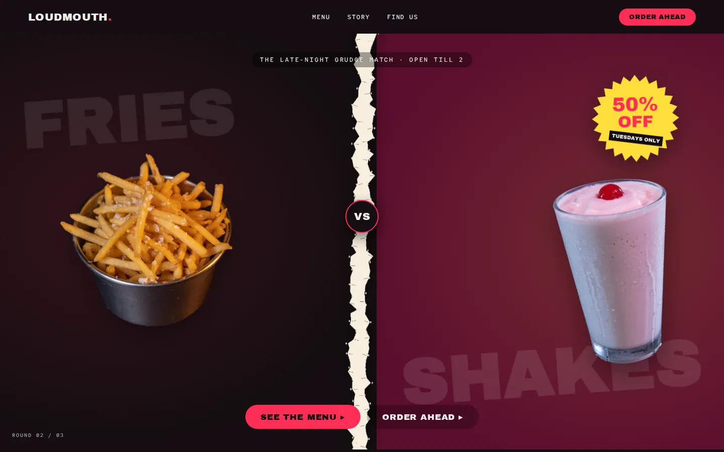 The rebuilt Loudmouth homepage: a split hero pitting burgers against fried chicken.