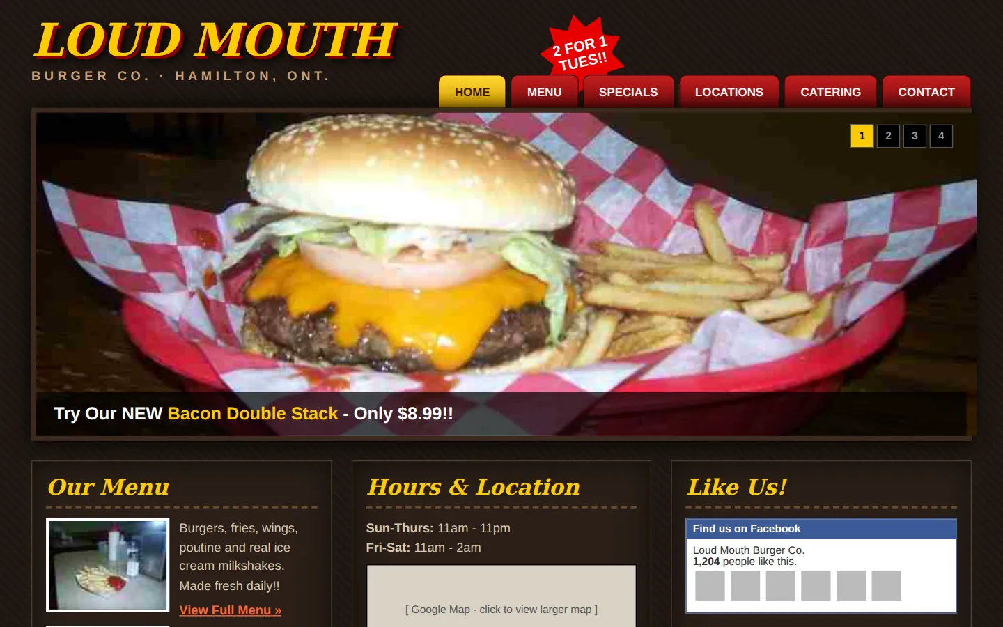 A dated burger restaurant website with a red banner, grey buttons and a scrolling marquee.
