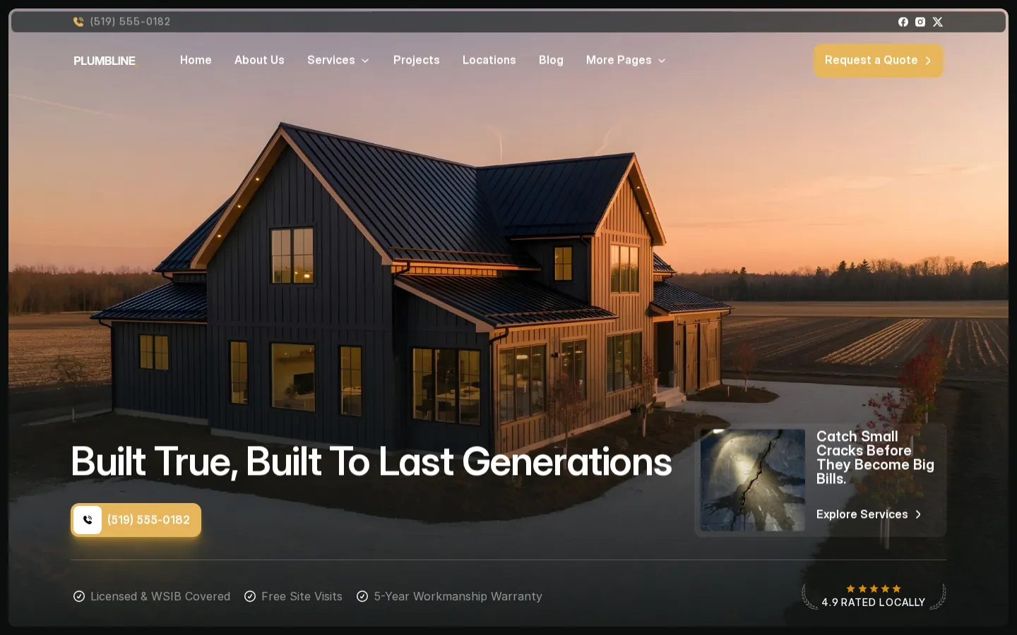 The rebuilt Plumbline Build Co. homepage: a modern home at golden hour under the headline Built True, Built To Last Generations.