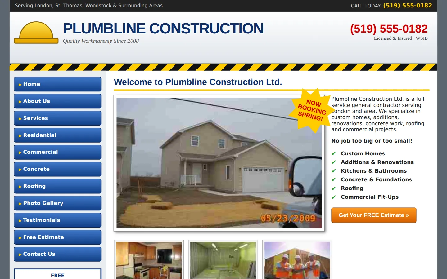 A dated contractor website with a blue banner, a list of services and a visitor counter.