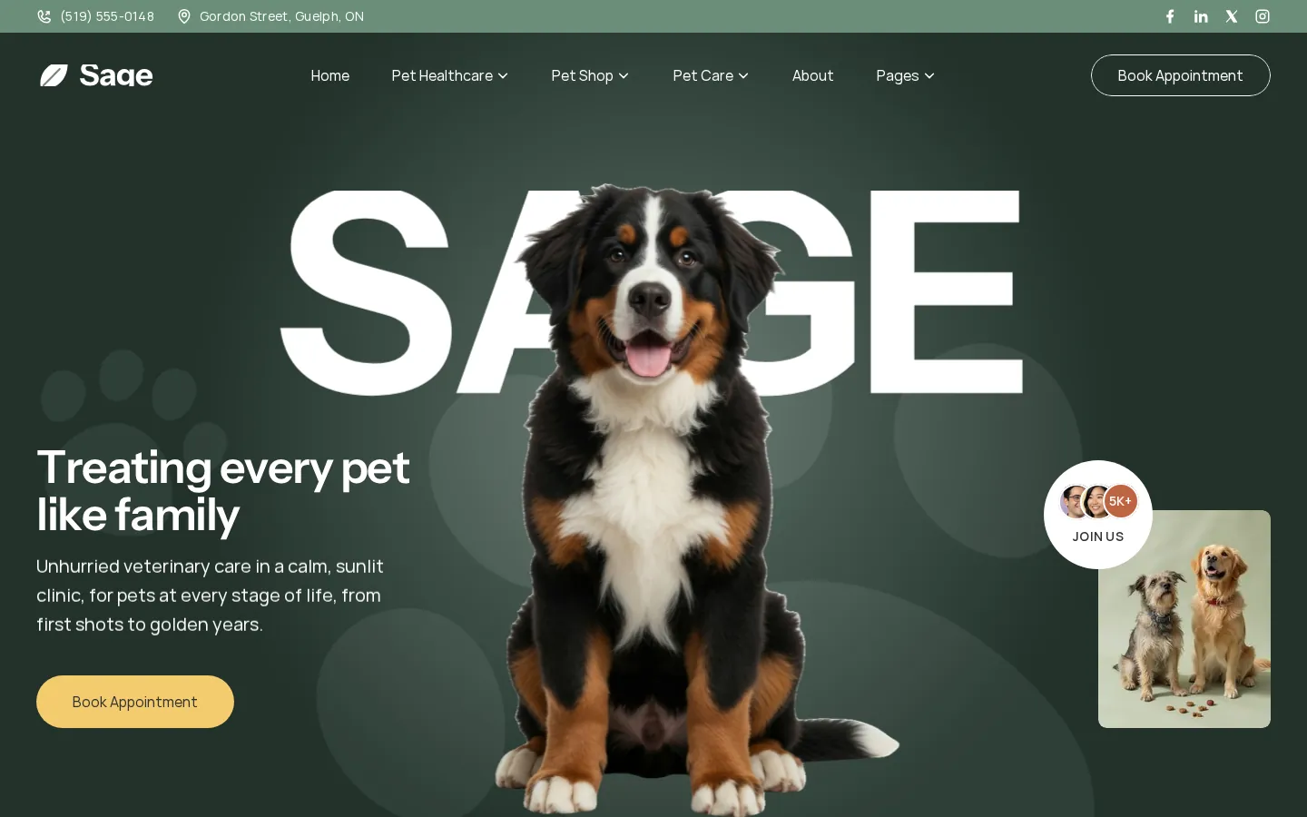 The rebuilt Sage Animal Clinic homepage: a happy puppy in front of a giant SAGE wordmark.