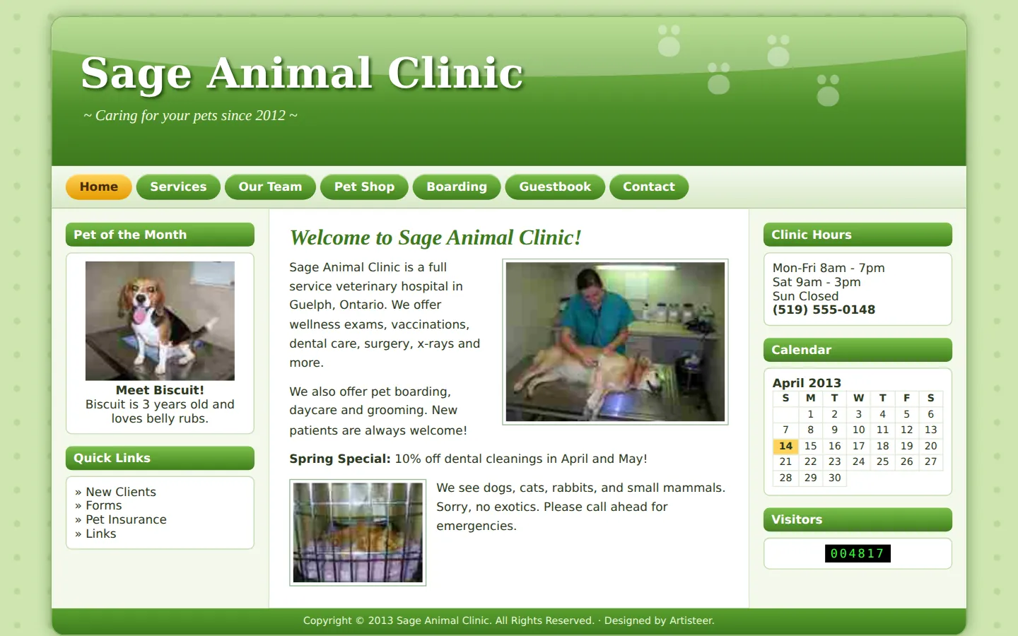 A dated veterinary website with a green banner and a scrolling special offer.