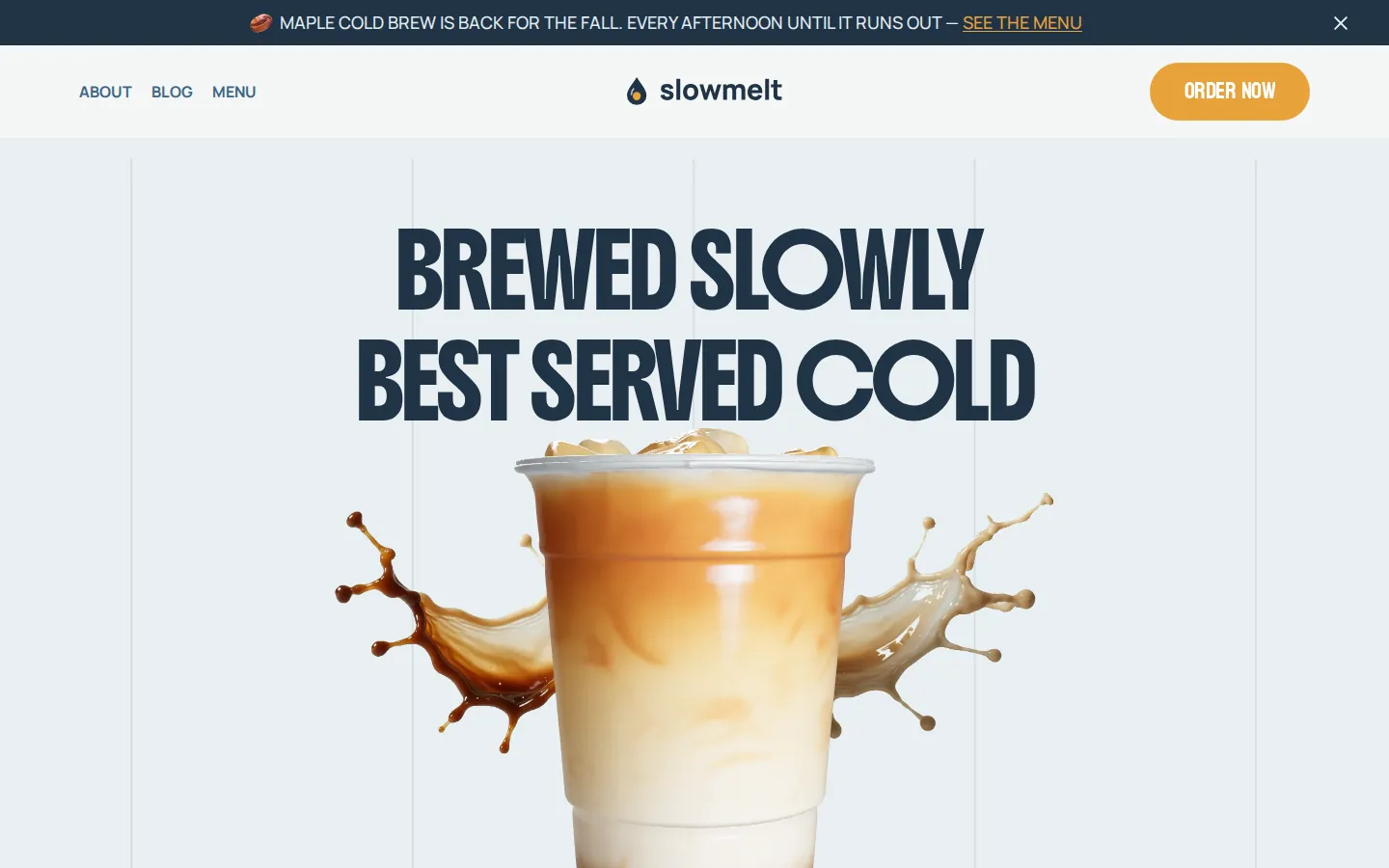 The rebuilt Slowmelt homepage: an iced latte with a splash under the headline Brewed Slowly, Best Served Cold.
