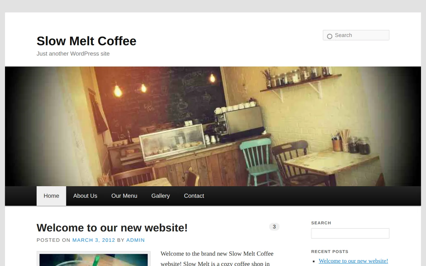 A dated coffee shop website with a brown gradient banner and small serif text.