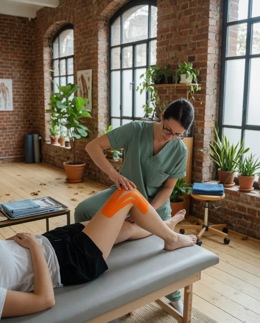 A physiotherapist in a sage scrub top testing a patient's knee range on a treatment table
