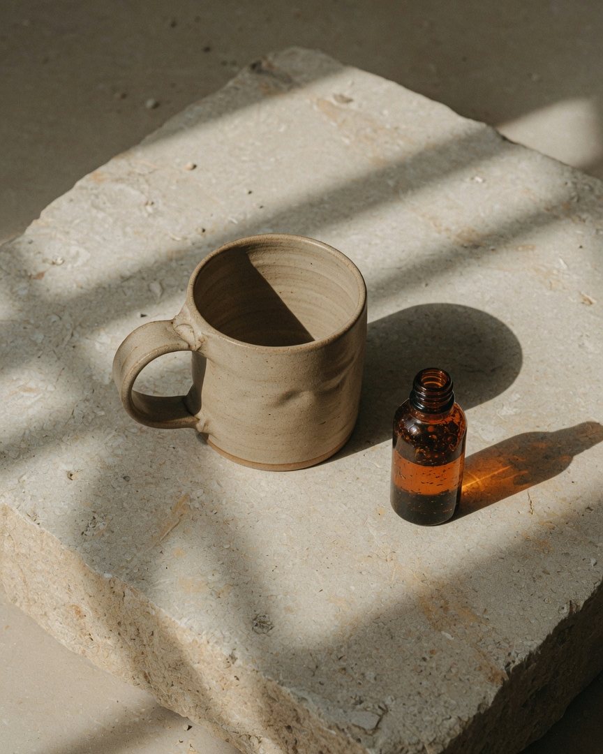 Stoneware mug and amber dropper bottle on a limestone block.