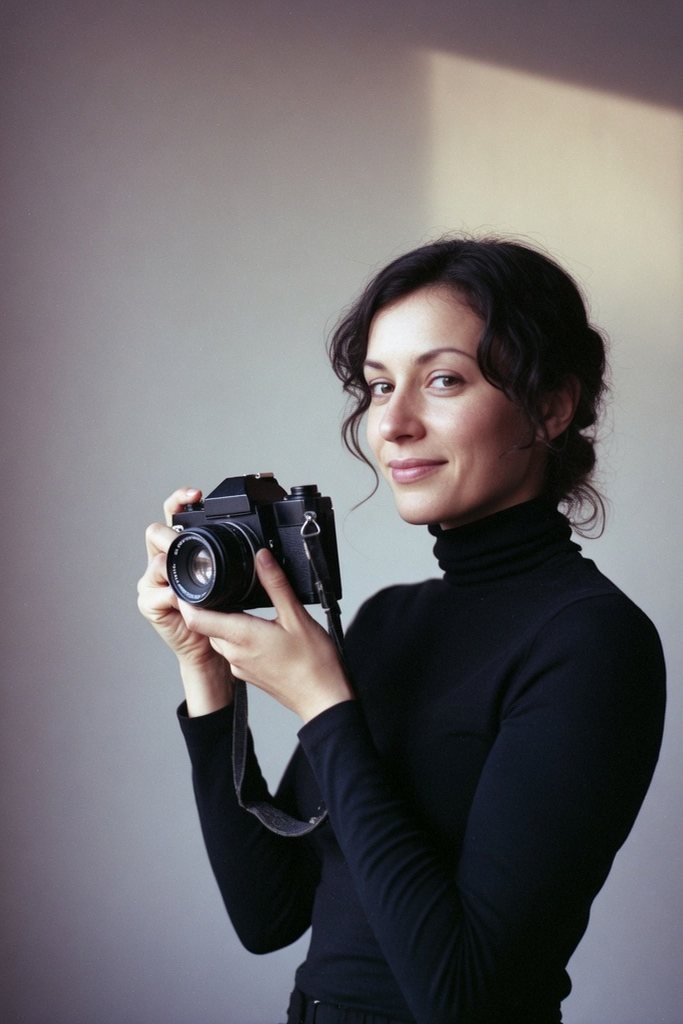 Ines Calder holding a film camera against a warm grey wall.