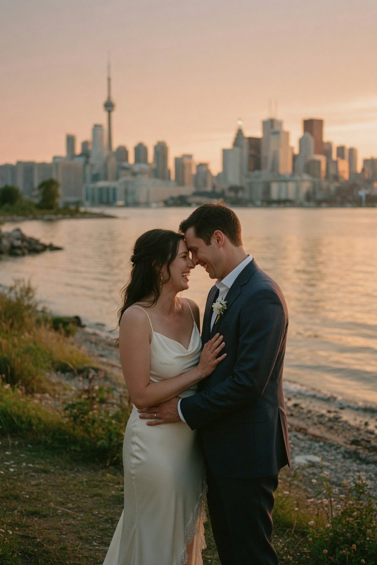 Bride and groom laughing on the Toronto Islands at golden hour.