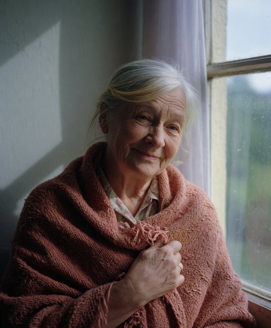 Older woman in a clay-coloured shawl, half in window shadow.