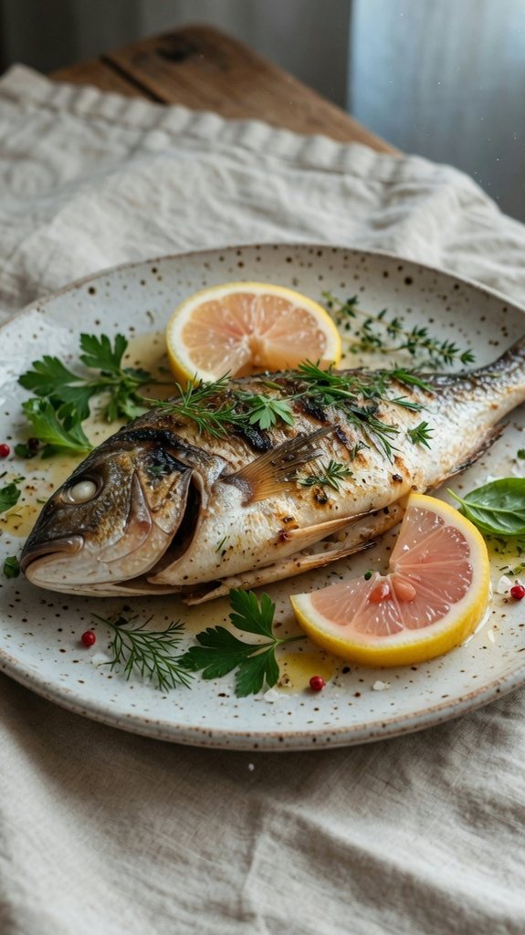 Pan-fried fish with lemon and herbs on a speckled plate.