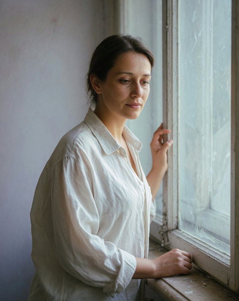Woman by a window in soft afternoon light.
