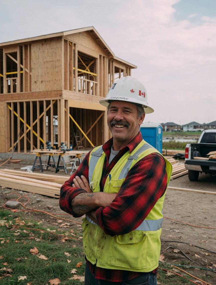 Plumbline site lead in a hard hat, smiling