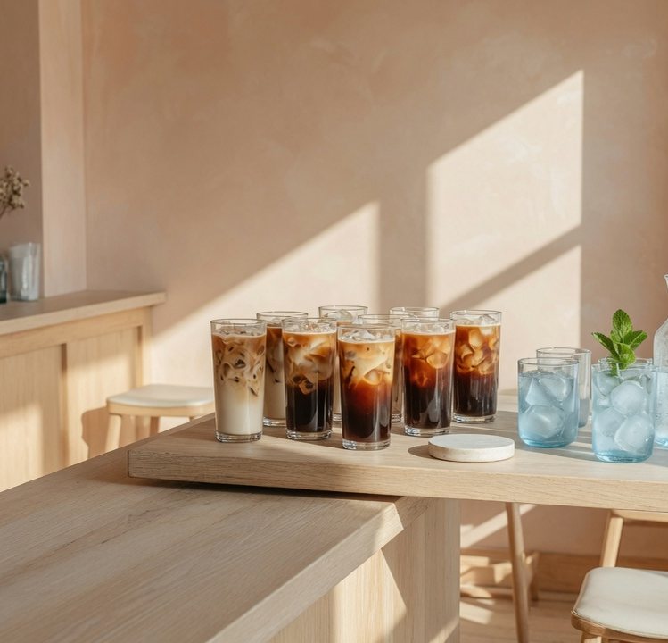 Sunny cold coffee bar with a long window counter